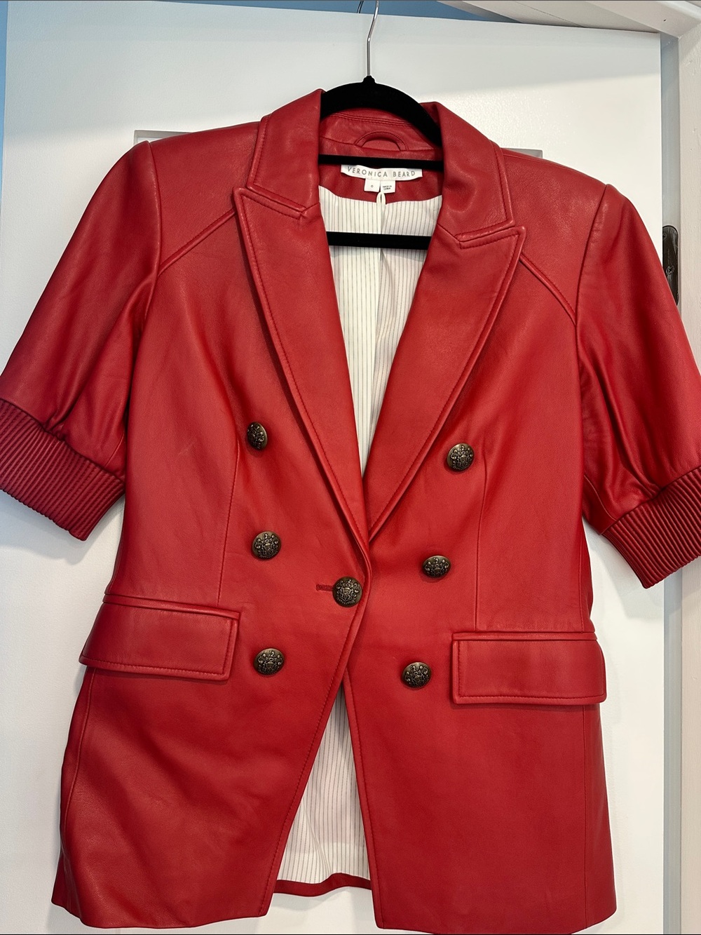 Veronica Beard Red Short-Sleeve Double-Breasted Leather Blazer Jacket